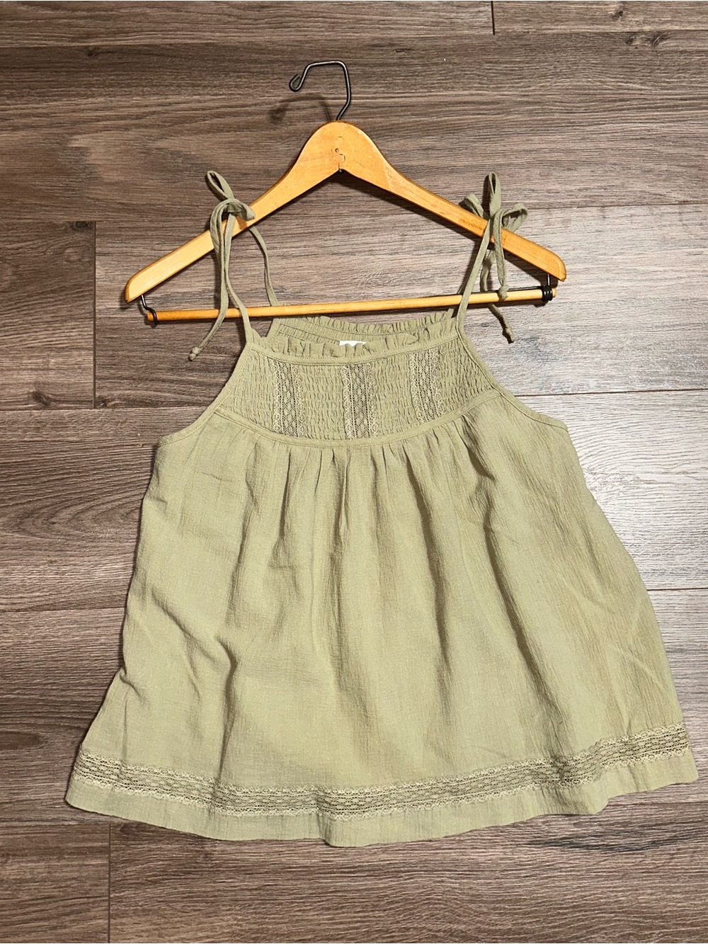 Smocked Tank Top Olive Green Cotton Tie-Strap
